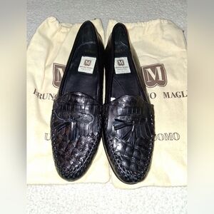 New Bruno Magli Men's Black Brant Leather Woven Loafers Made In Italy